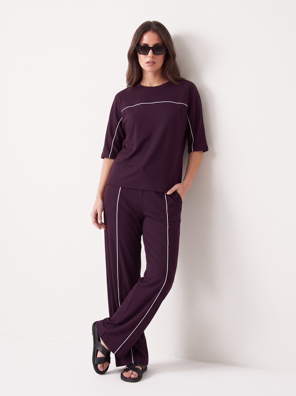 Women's Airport Style Ribbed Co-Ord Set with Wide-Leg Trousers|Women's Designer-Inspired Co-Ord Set|