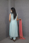 Women’s Sky Blue Kurti Pant Set | Floral Embroidery|Ethnic Wear|
