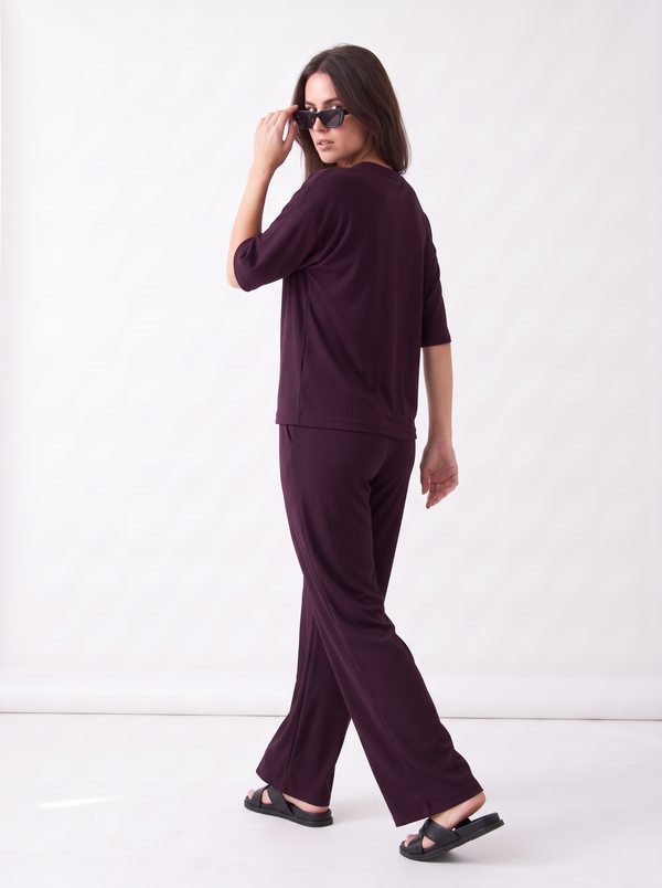 Women's Airport Style Ribbed Co-Ord Set with Wide-Leg Trousers|Women's Designer-Inspired Co-Ord Set|