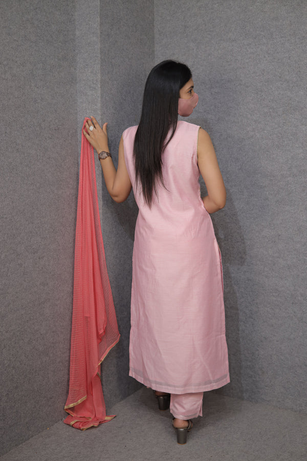 Pink Sleeveless Kurti Pant Dupatta Set for Women | Embroidered|