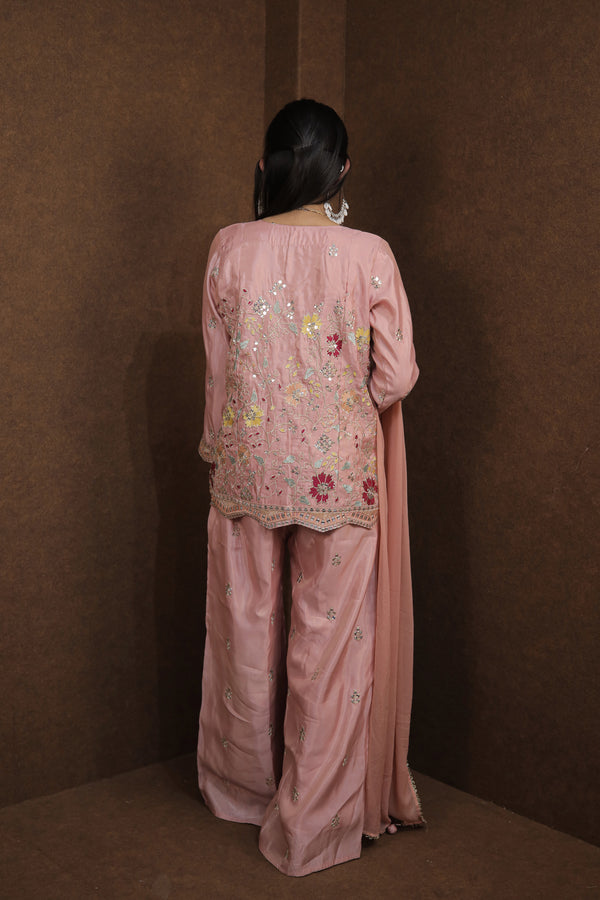 Women’s Pink Embroidered Kurti Sharara Festive Set | Embroidered Design|