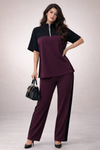 Women’s Premium Ribbed Lounge Co-Ord Set | Half Zip Top & Straight Fit Track Pants | Maroon & Black