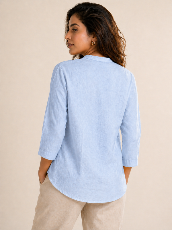 Women’s Soft Linen Blend Pastel Sky Shirt | Casual Button-Down Top | 3/4 Sleeve Premium Everyday Wear