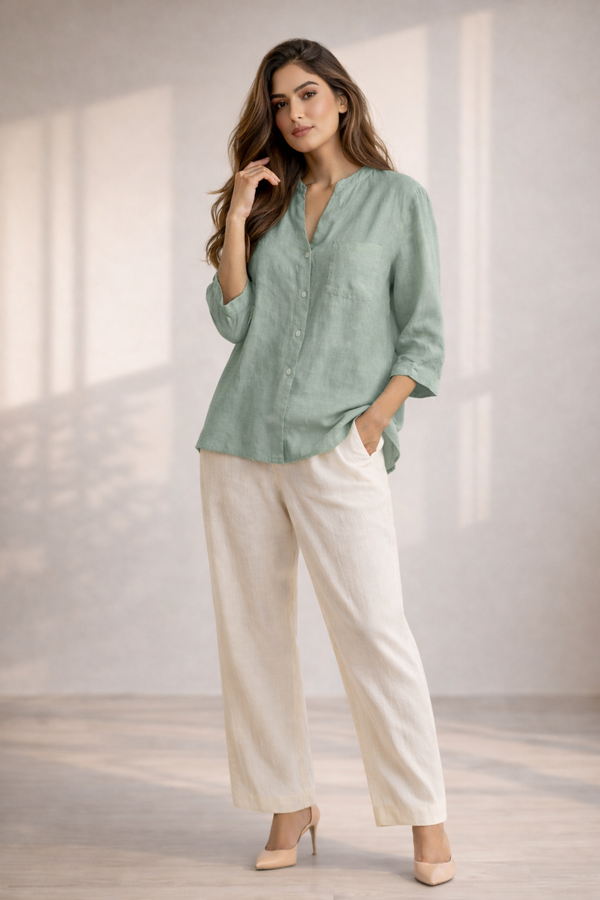 Trendy Pastel Green Shirt & White Pant Co-Ord Set for Women | Summer Outfit | Casual & Office Wear