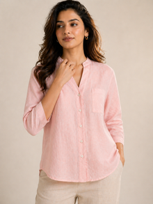 Women’s Soft Linen Blend Pastel Pink Shirt | Casual Button-Down Top | 3/4 Sleeve Premium Everyday Wear