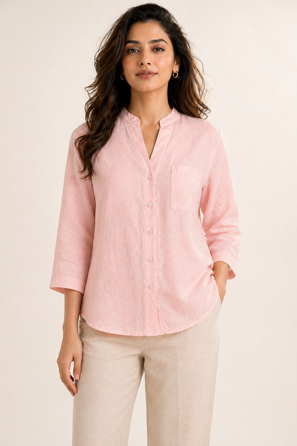 Women’s Soft Linen Blend Pastel Pink Shirt | Casual Button-Down Top | 3/4 Sleeve Premium Everyday Wear