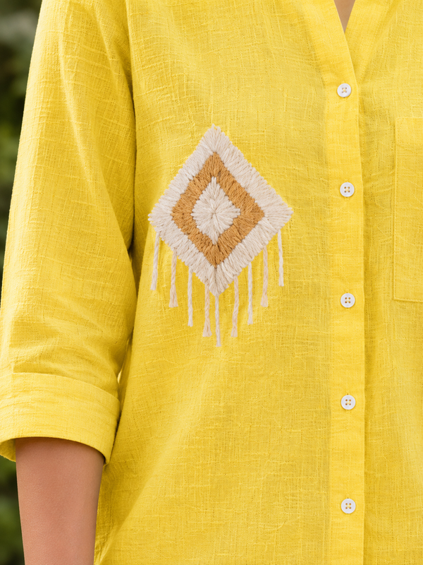 Women’s Soft Linen Blend Yellow Shirt | Casual Button-Down Top | 3/4 Sleeve Premium Everyday Wear