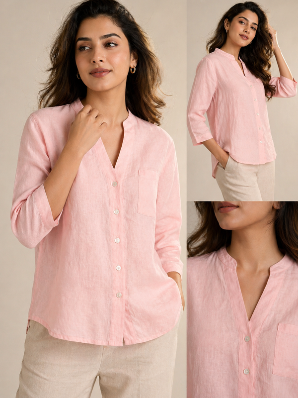 Women’s Soft Linen Blend Pastel Pink Shirt | Casual Button-Down Top | 3/4 Sleeve Premium Everyday Wear
