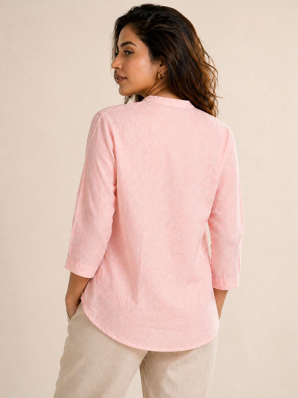 Women’s Soft Linen Blend Pastel Pink Shirt | Casual Button-Down Top | 3/4 Sleeve Premium Everyday Wear