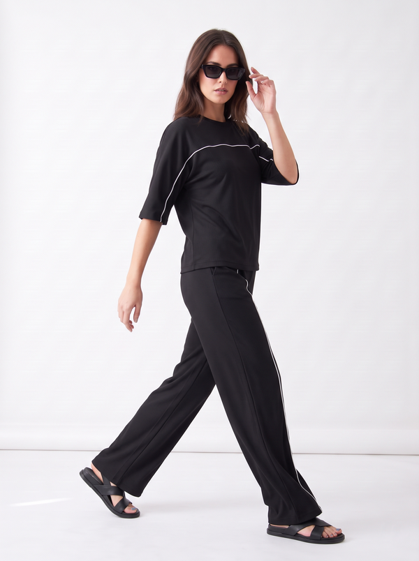 Women's Airport Style Ribbed Co-Ord Set with Wide-Leg Trousers|Women's Designer-Inspired Co-Ord Set|