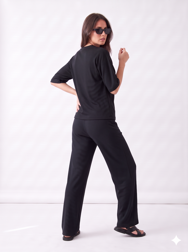 Women's Airport Style Ribbed Co-Ord Set with Wide-Leg Trousers|Women's Designer-Inspired Co-Ord Set|