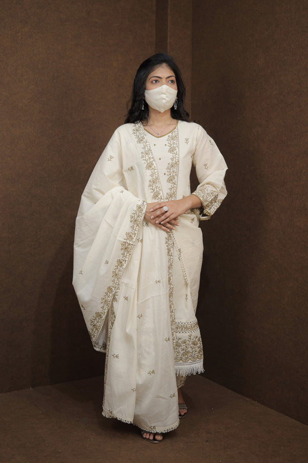 Royal Ethnic Off-White Kurta Set with Intricate Thread Work.Pastel Perfection Floral Printed Kurta Set for Women