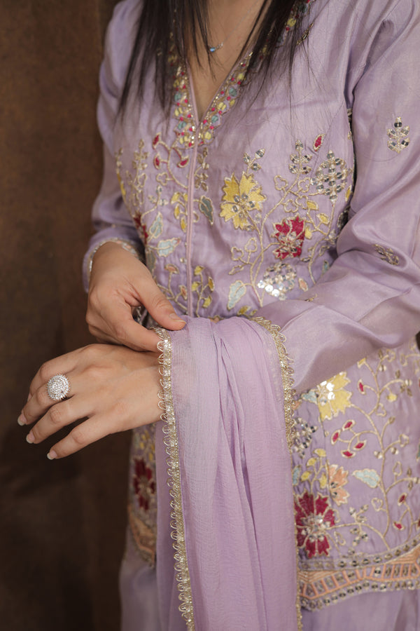 Lavender Embroidered Kurti Sharara Set for Women | Sharara Suit for Festive Occasions |