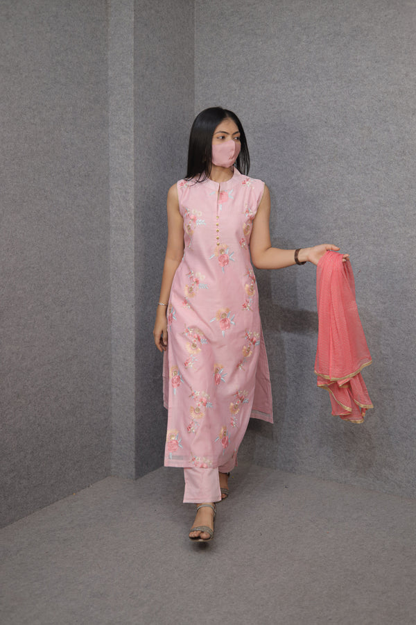 Pink Sleeveless Kurti Pant Dupatta Set for Women | Embroidered|