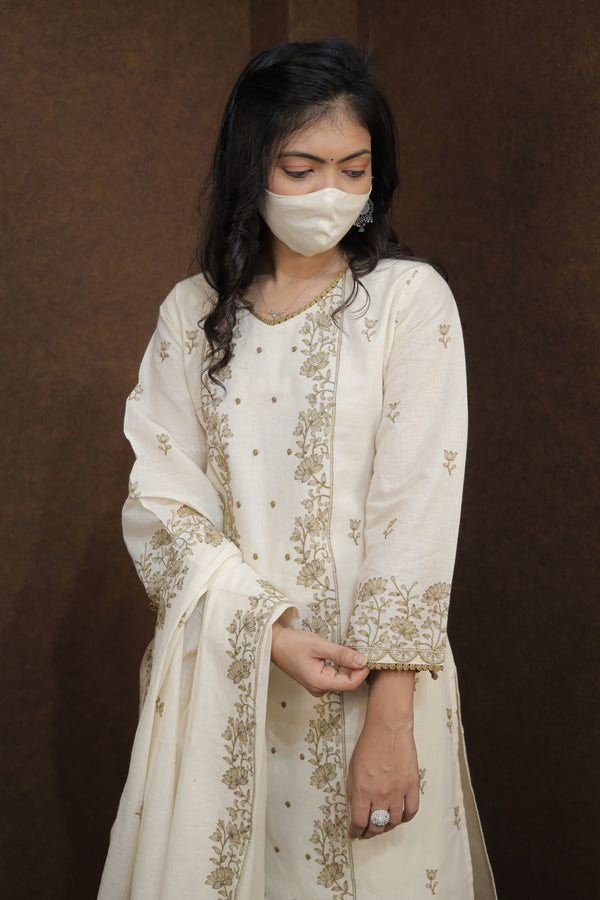 Royal Ethnic Off-White Kurta Set with Intricate Thread Work.Pastel Perfection Floral Printed Kurta Set for Women