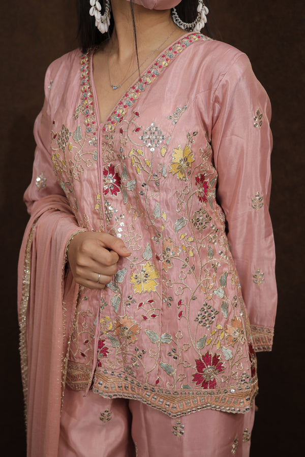 Women’s Pink Embroidered Kurti Sharara Festive Set | Embroidered Design|