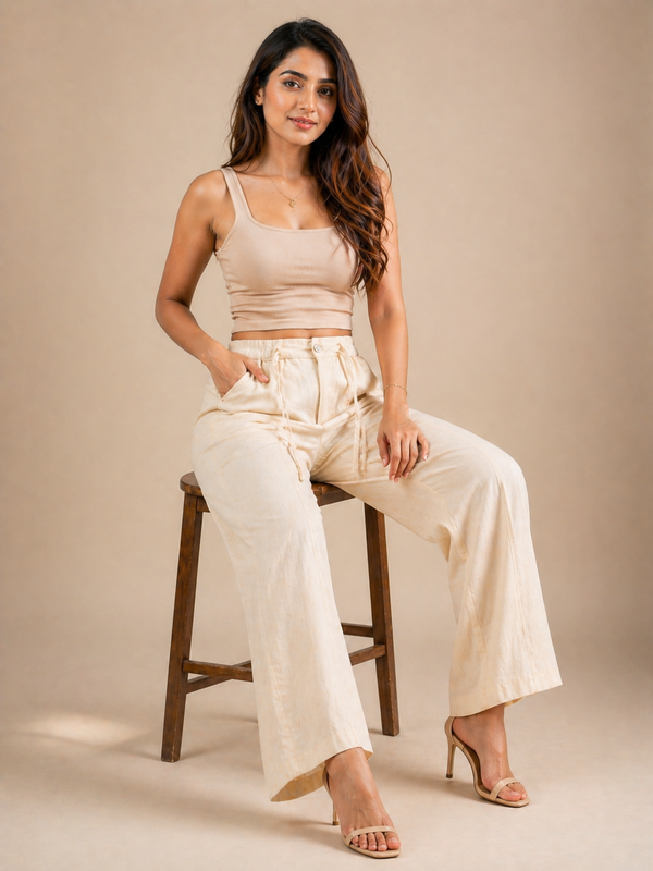 Women’s Beige Wide Leg Pants | High Waist Drawstring Trouser | Casual Summer Bottom Wear