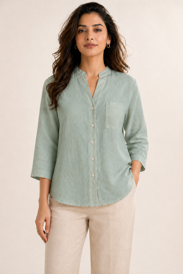 Women’s Soft Linen Blend Pastel Green Shirt | Casual Button-Down Top | 3/4 Sleeve Premium Everyday Wear