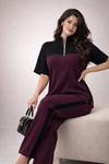 Women’s Premium Ribbed Lounge Co-Ord Set | Half Zip Top & Straight Fit Track Pants | Maroon & Black