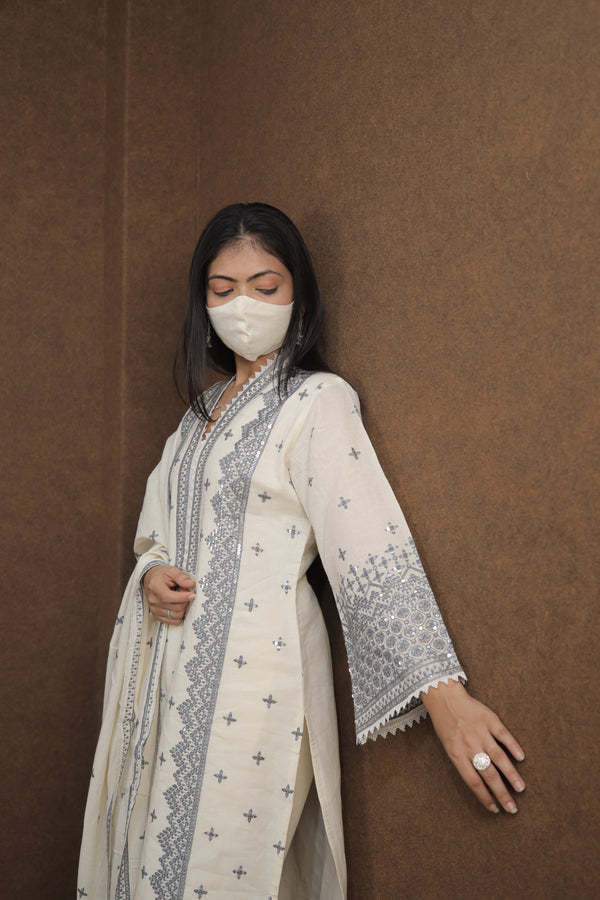 Women’s White Blue Embroidered Kurti Pant Dupatta Set|ethnic wear for festive occasions|