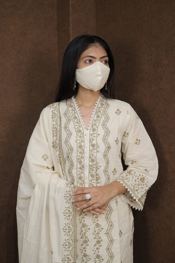 Elegant Cream Embroidered Cotton Kurti Set with Dupatta – Ethnic Grace Collection
