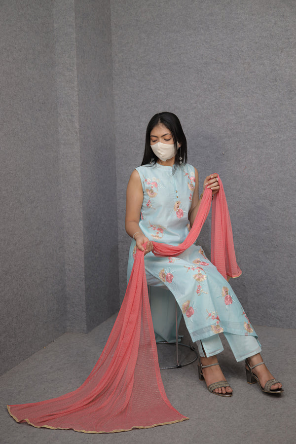 Women’s Sky Blue Kurti Pant Set | Floral Embroidery|Ethnic Wear|
