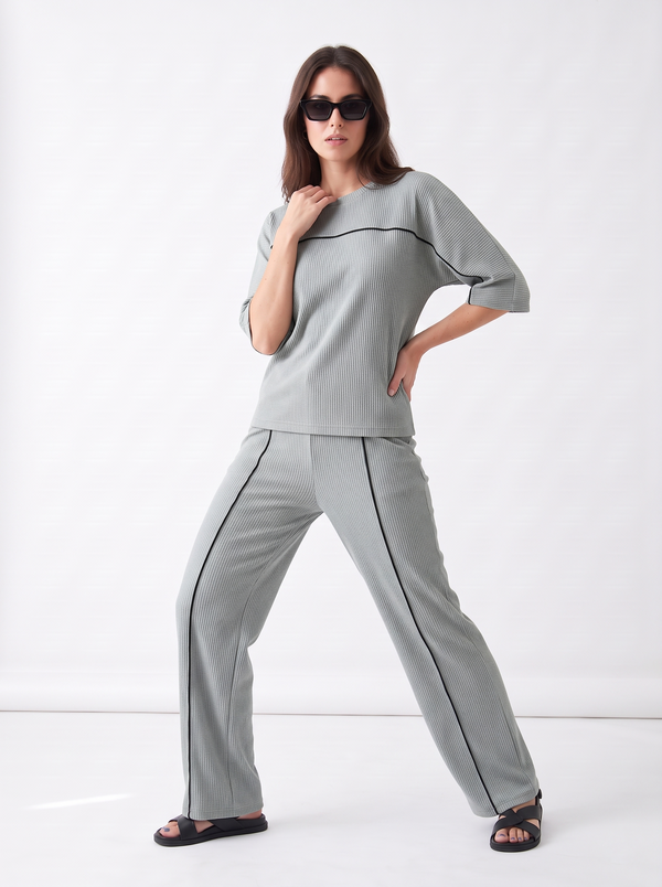Women's Airport Style Ribbed Co-Ord Set with Wide-Leg Trousers|Women's Designer-Inspired Co-Ord Set|