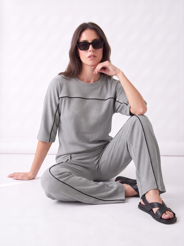 Women's Airport Style Ribbed Co-Ord Set with Wide-Leg Trousers|Women's Designer-Inspired Co-Ord Set|