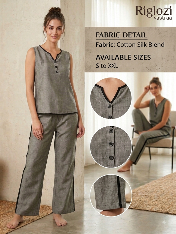 Women’s Co-Ord Set Olive Grey | Sleeveless V-Neck Top & Straight Pants | RIGLOZI VASTRAA