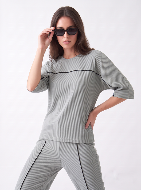 Women's Airport Style Ribbed Co-Ord Set with Wide-Leg Trousers|Women's Designer-Inspired Co-Ord Set|