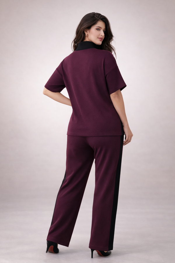 Women’s Premium Ribbed Lounge Co-Ord Set | Half Zip Top & Straight Fit Track Pants | Maroon & Black