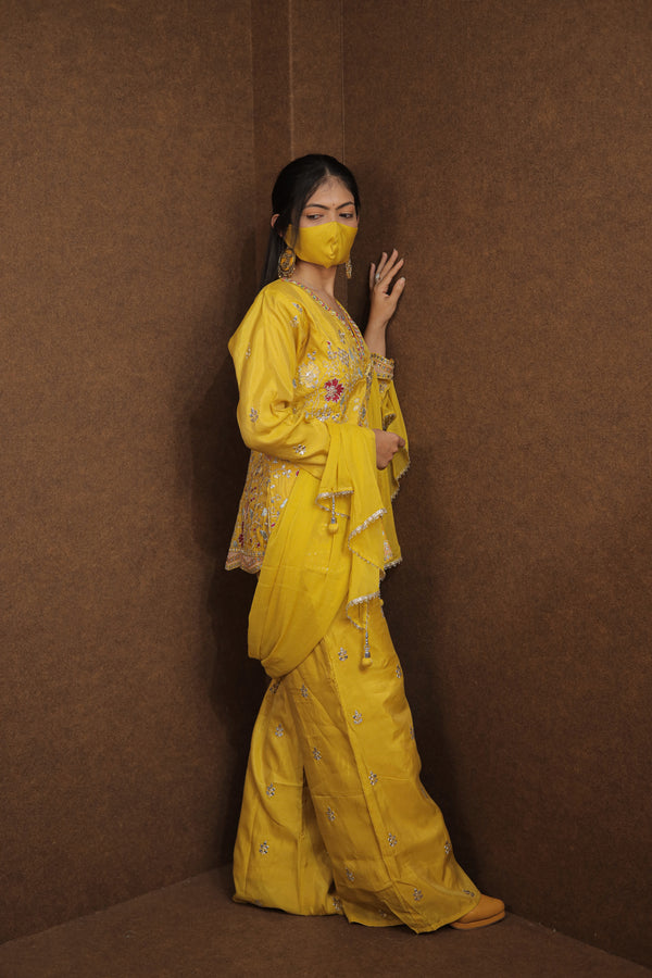 Yellow Embroidered Kurti Sharara Set for Women | Haldi & Festive Wear|