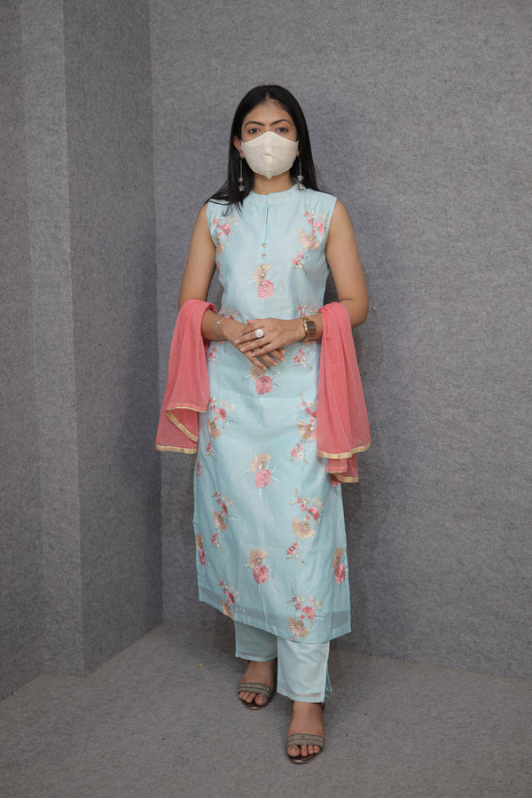 Women’s Sky Blue Kurti Pant Set | Floral Embroidery|Ethnic Wear|