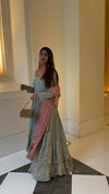 "Heavily Embellished Net Anarkali in Pastel Mint with Contrast Dupatta"