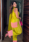 Trendy Lime Green and Pink Punjabi Suit with Dupatta and Mini Bag for Stylish Outings
