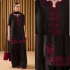 Elegant Black Three-Piece Suit with Deep Pink Embroidered Detailing for Festive or Formal Occasions4o