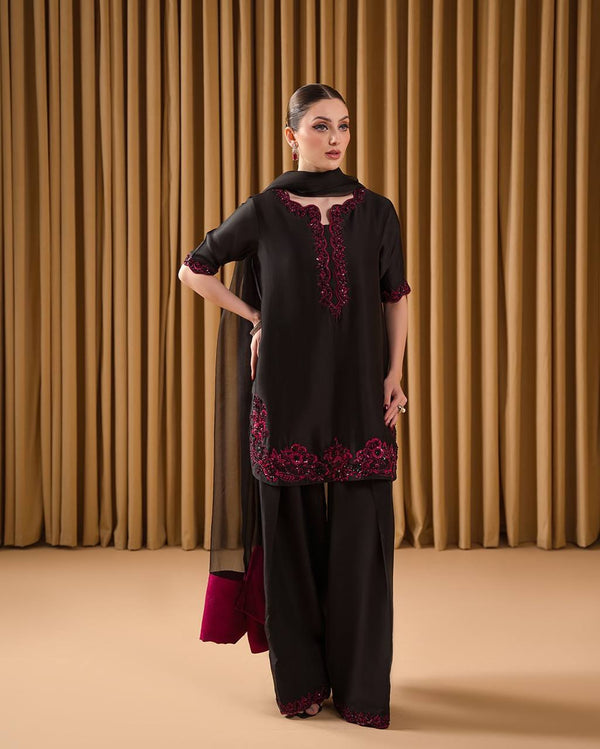 Elegant Black Three-Piece Suit with Deep Pink Embroidered Detailing for Festive or Formal Occasions4o