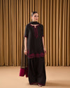Elegant Black Three-Piece Suit with Deep Pink Embroidered Detailing for Festive or Formal Occasions4o