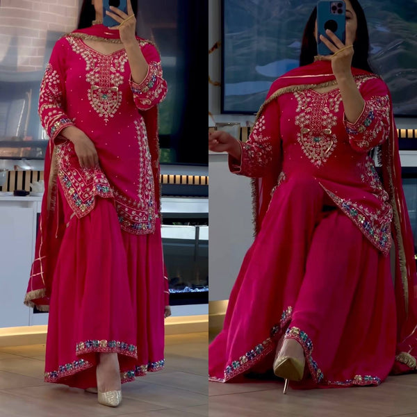 Elegant Fuchsia Embroidered Traditional Outfit with Gold Heels Ensemble