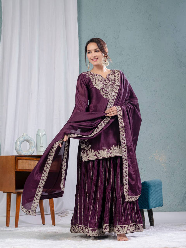 Preet Chinon Silk Sharara Set
