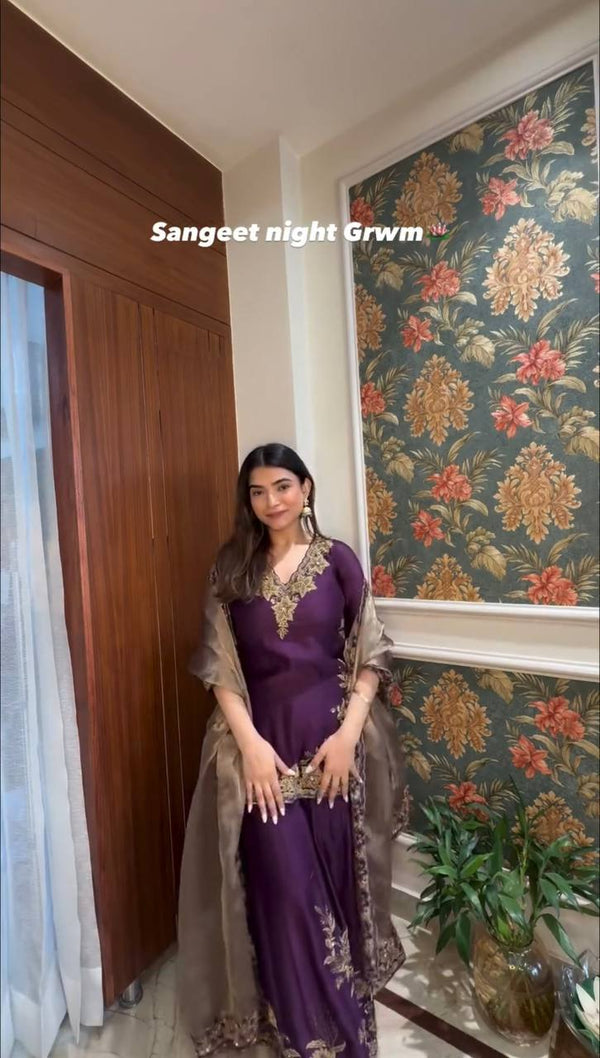 Elegant in Plum: Stunning Outfit for a Glamorous Sangeet Night Celebration Look