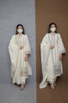 Festive Ready Embroidered Kurta Pant Dupatta Set in Off-White Tone