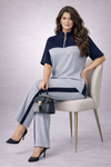 Women’s Premium Ribbed Lounge Co-Ord Set | Half Zip Top & Straight Fit Pants | Navy Blue & Soft Grey
