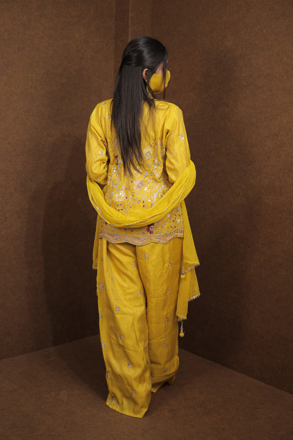Yellow Embroidered Kurti Sharara Set for Women | Haldi & Festive Wear|