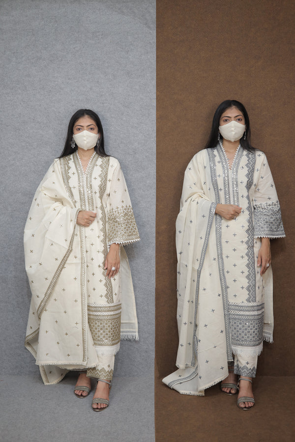 Women’s White Golden Embroidered Kurti Pant Dupatta Set|ethnic wear for festive occasions |