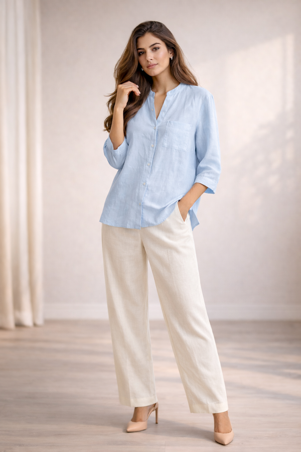 Trendy Pastel Sky Blue Shirt & White Pant Co-Ord Set for Women | Summer Outfit | Casual & Office Wear