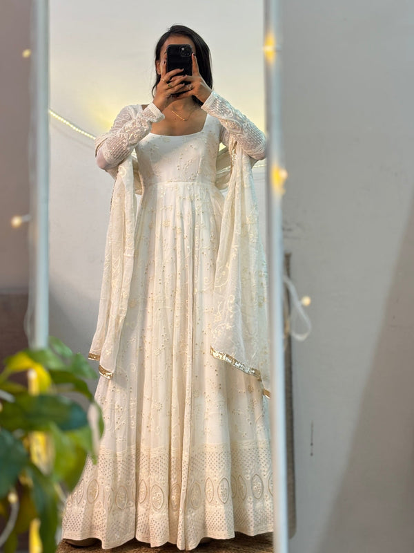 “Charming White Embroidered Anarkali Suit