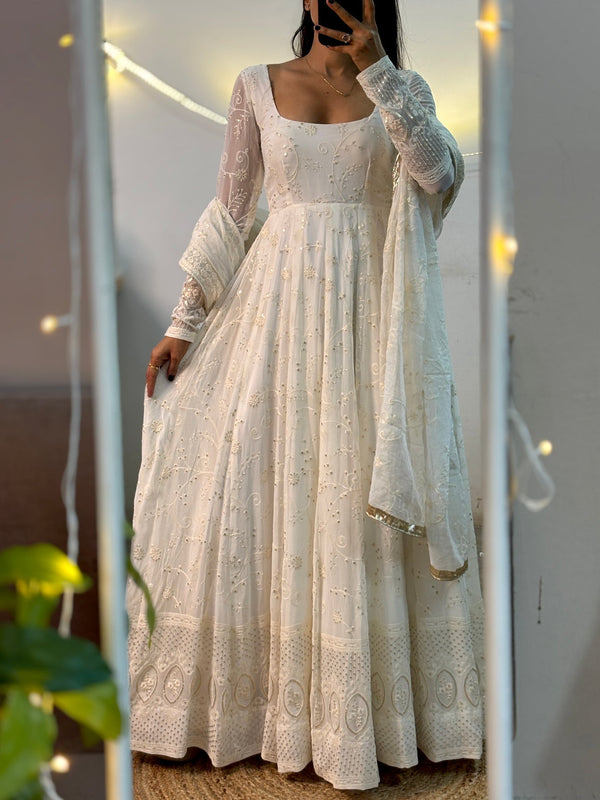 “Charming White Embroidered Anarkali Suit
