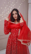 Red Embroidered Anarkali Suit with Fancy Golden Work and Net Dupatta