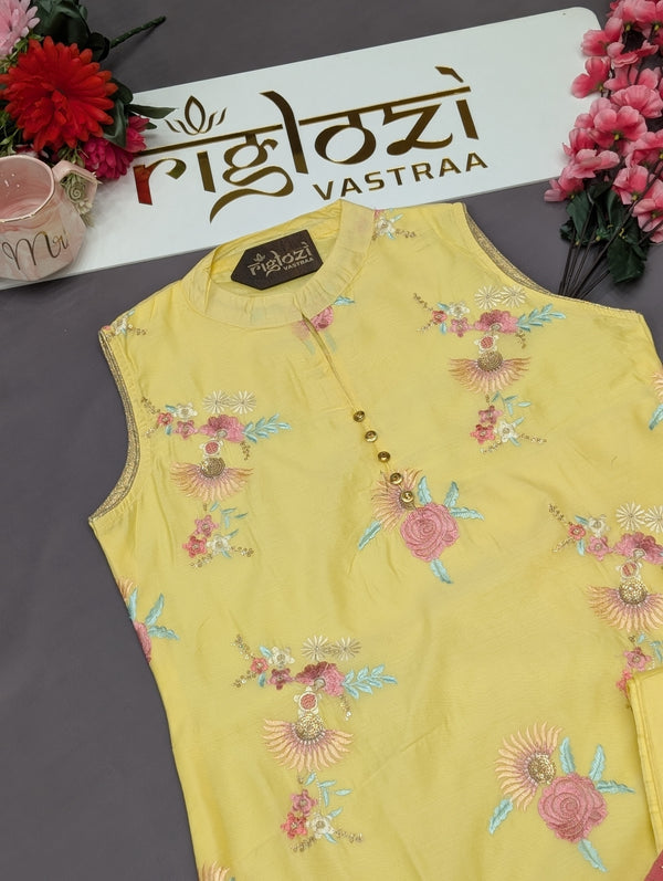 Yellow Floral Kurti Pant Set with Pink Dupatta|Daywear Festive|